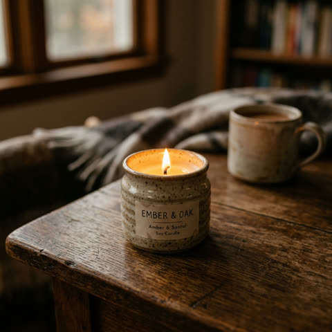 AI-generated product still: a soy candle labeled 'Ember & Oak' on a wooden table