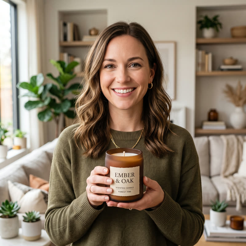 An AI-generated portrait of a woman holding the Ember & Oak candle -- no real person, no photoshoot